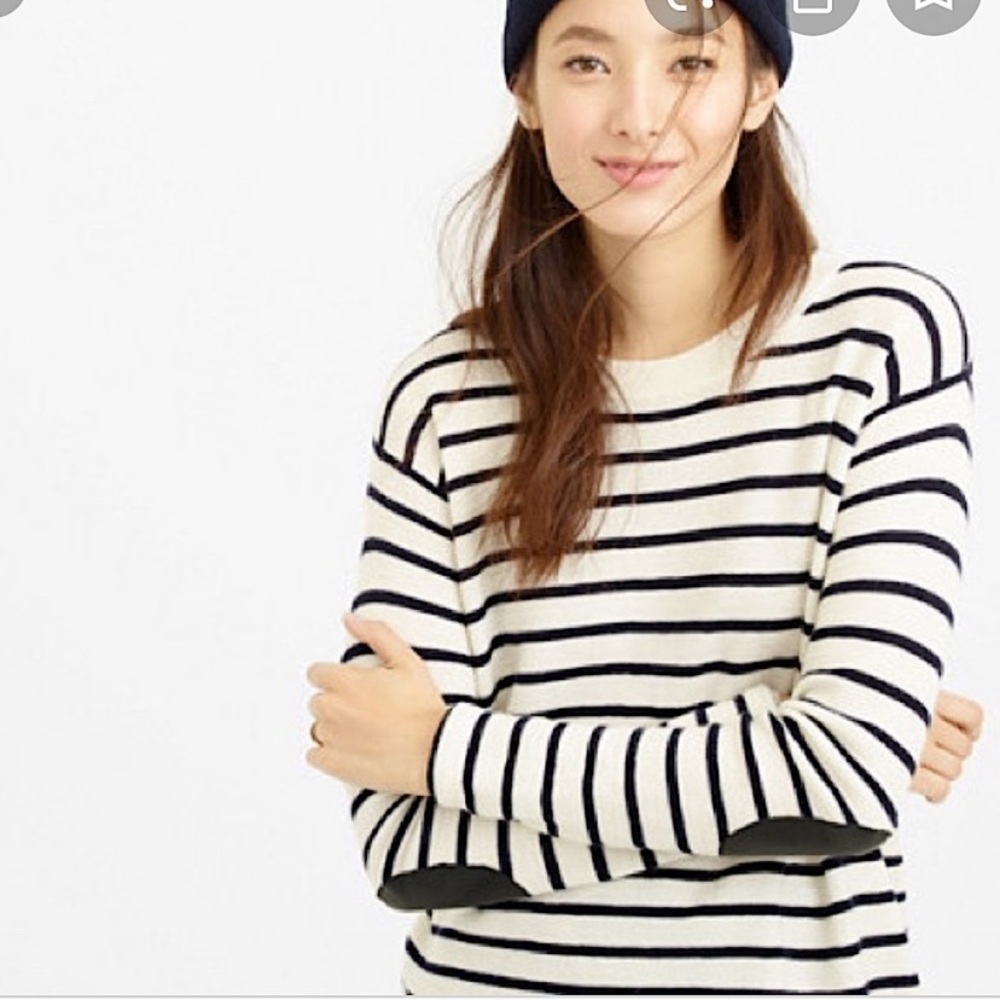 J.Crew Cream & Black Striped Sweater Faux Leather Elbow Patches 100% Merino Wool